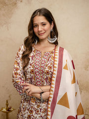 Off White Digital Print Chanderi Cottan Partywear Kurta Set