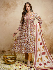 Off White Digital Print Chanderi Cottan Partywear Kurta Set