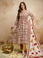 Off White Digital Print Chanderi Cottan Partywear Kurta Set
