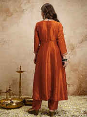 Rust Designer Chanderi Cottan Partywear Kurta Set
