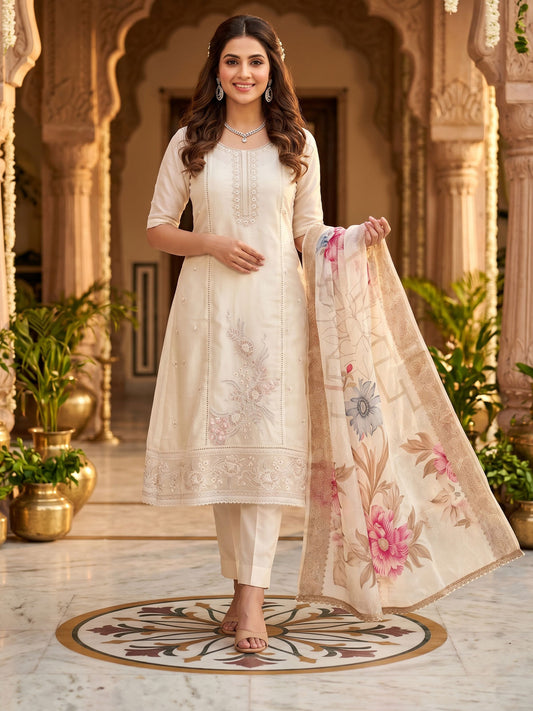Off White Organza Embroiderd Kurta Set