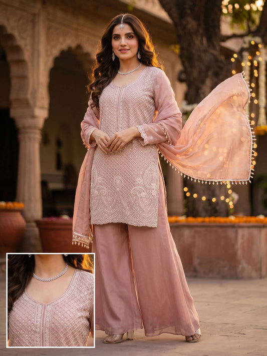 Blush Pink Beads and Sequins Embroidered Palazzo Style Suit