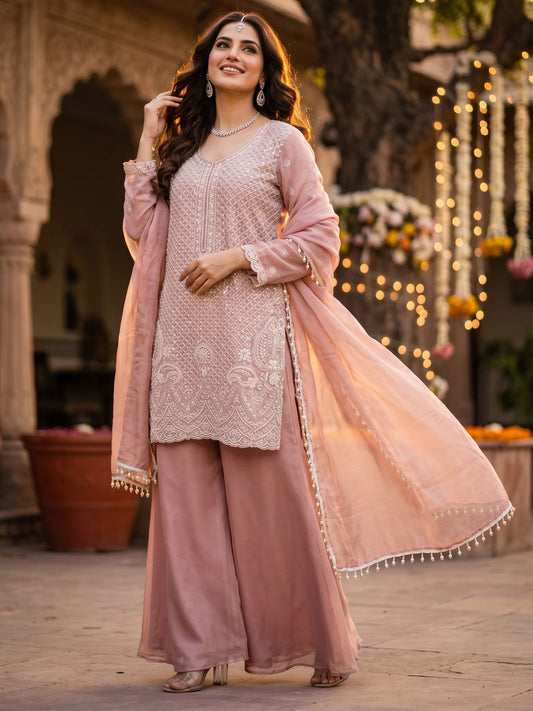 Blush Pink Beads and Sequins Embroidered Palazzo Style Suit