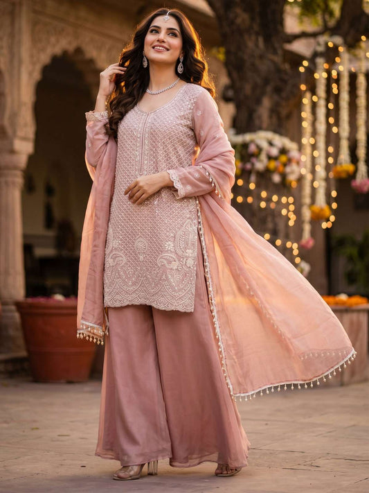 Blush Pink Beads and Sequins Embroidered Palazzo Style Suit