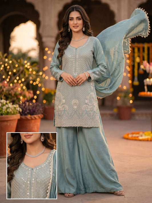 Steel Blue Beads and Sequins Embroidered Palazzo Style Suit