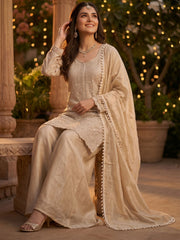 Beige Beads and Sequins Embroidered Palazzo Style Suit
