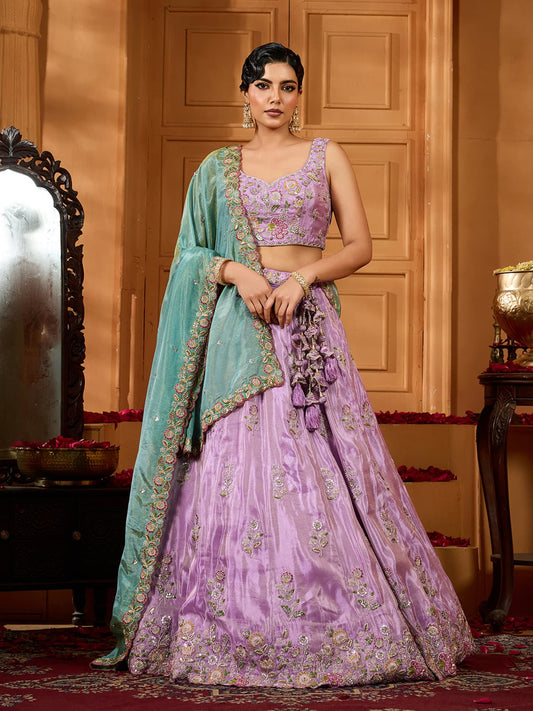 Lavender Satin Silk Fabric Sequins embroidery Semi-Stitched Lehenga & Unstitched Blouse With Dupatta