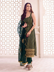 Bottle Green Zari Woven Embroidered Stright Kurta Set