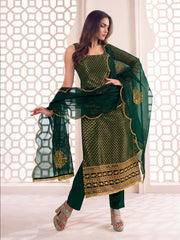 Bottle Green Zari Woven Embroidered Stright Kurta Set