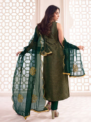 Bottle Green Zari Woven Embroidered Stright Kurta Set