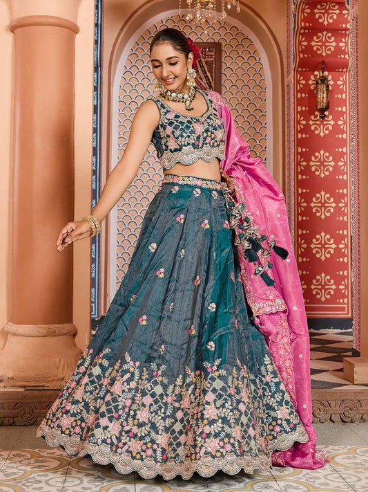 Teal Tissue Fabric Sequins embroidery Semi Stitched Lehenga & Unstitched Blouse With Dupatta