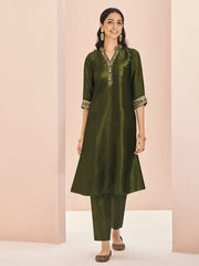 Captivating Olive Green Embroidered Organza Event Wear Pant Suit