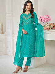 Women Green Ethnic Motifs Embroidered Regular Thread Work Chanderi Cotton Kurta with Trousers & With Dupatta