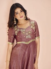 Mauve Organza Hand Work A Line Dress