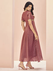 Mauve Organza Hand Work A Line Dress