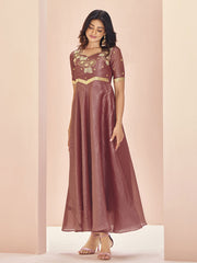 Mauve Organza Hand Work A Line Dress