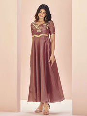 Mauve Organza Hand Work A Line Dress