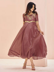 Mauve Organza Hand Work A Line Dress