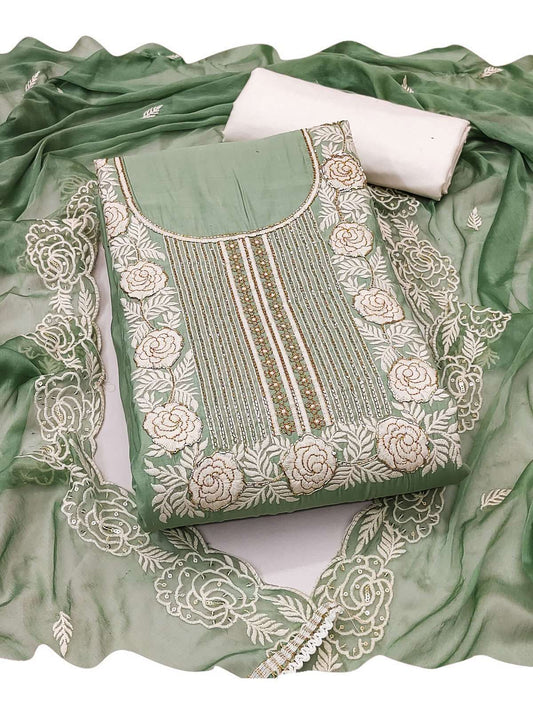 Green Cotton Hand Work Kurta Set With dupatta
