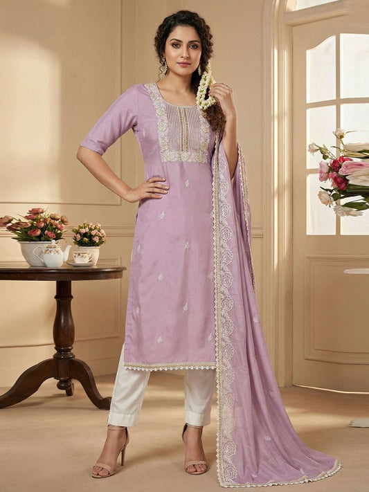 Lavender Cotton Hand Work Kurta Set With dupatta