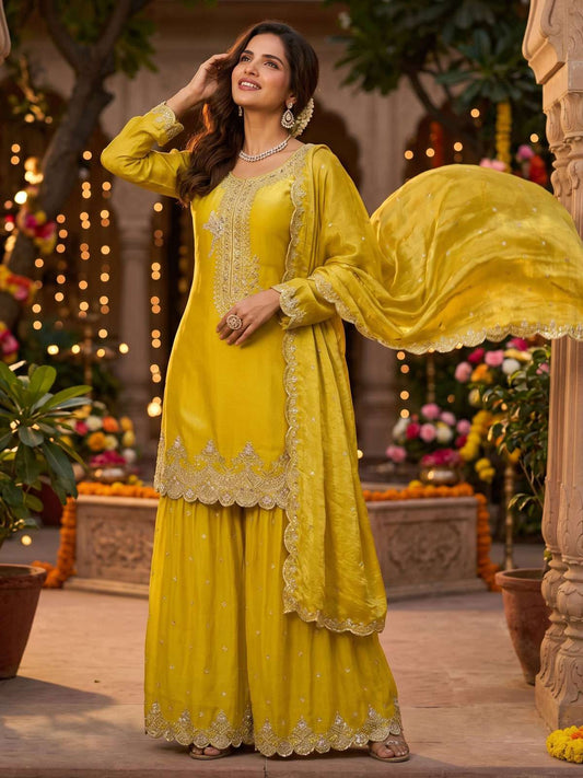 Maize Yellow Tora Silk Embroidered Festive Palazzo Style Dress