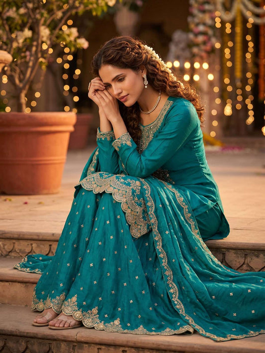 Peacock Blue Tora Silk Embroidered Festive Palazzo Style Dress