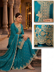 Peacock Blue Tora Silk Embroidered Festive Palazzo Style Dress