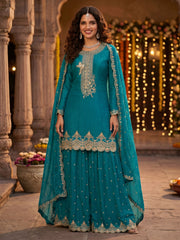 Peacock Blue Tora Silk Embroidered Festive Palazzo Style Dress