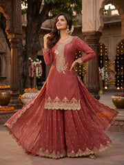 Rust Brown Tora Silk Embroidered Festive Palazzo Style Dress