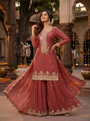 Rust Brown Tora Silk Embroidered Festive Palazzo Style Dress