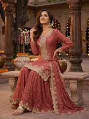 Rust Brown Tora Silk Embroidered Festive Palazzo Style Dress