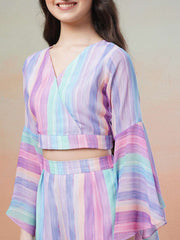 Purple Girls Striped V-Neck Top With Palazzos