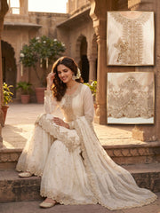 Off White Tora Silk Embroidered Festive Palazzo Style Dress