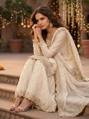 Off White Tora Silk Embroidered Festive Palazzo Style Dress