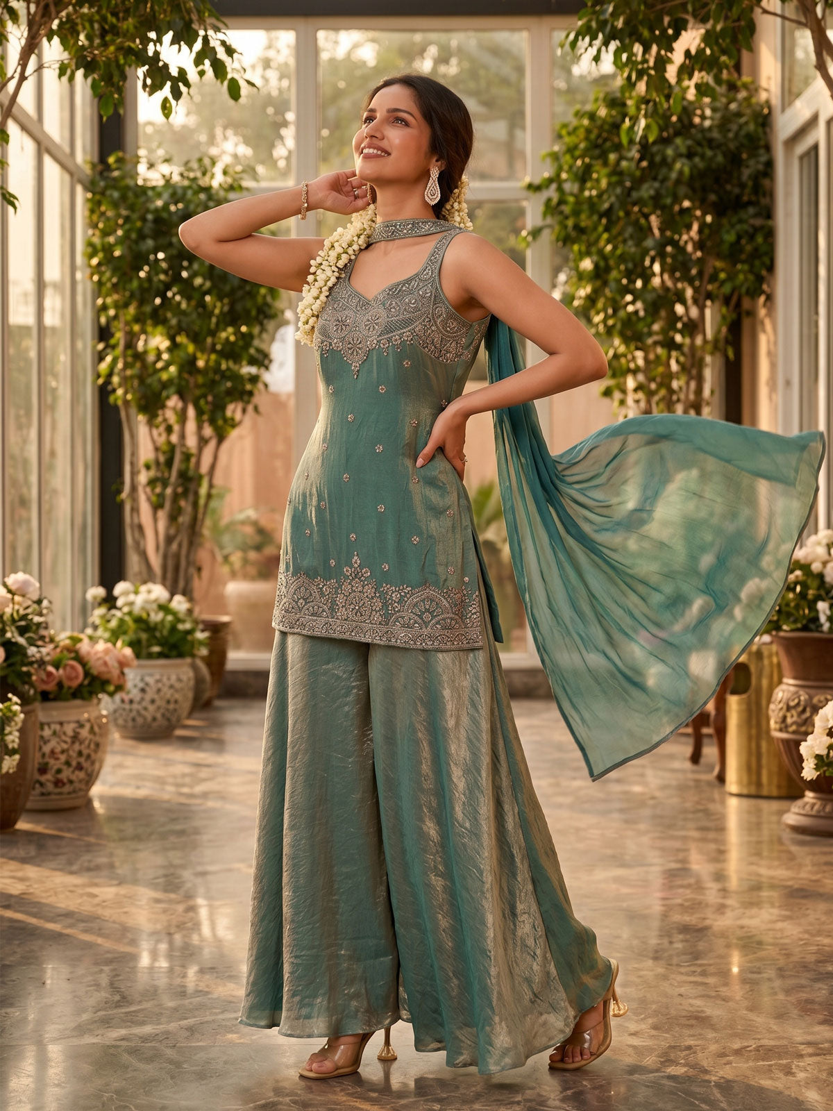 Mint Green Handwork and Embroidered Indo Western Palazzo Dress Mint Green Handwork and Embroidered Indo Western Palazzo Dress