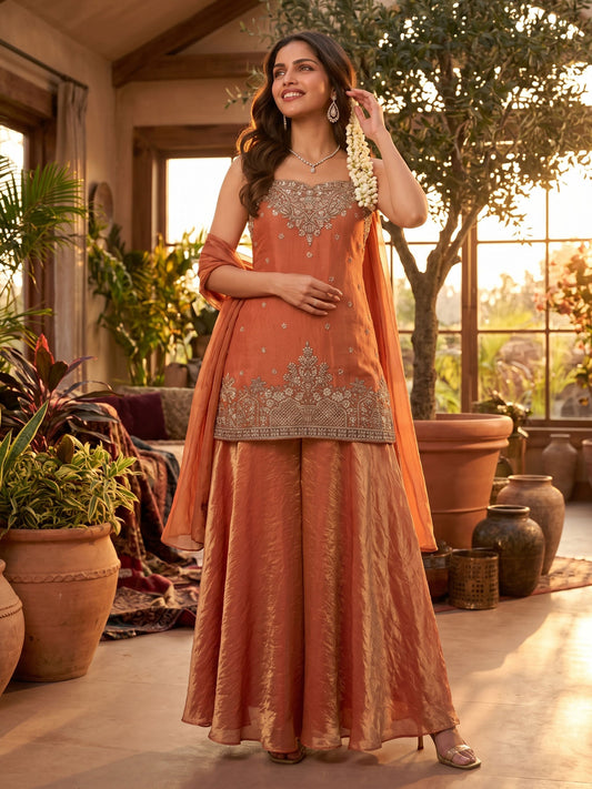 Orange Handwork and Embroidered Indo Western Palazzo Dress