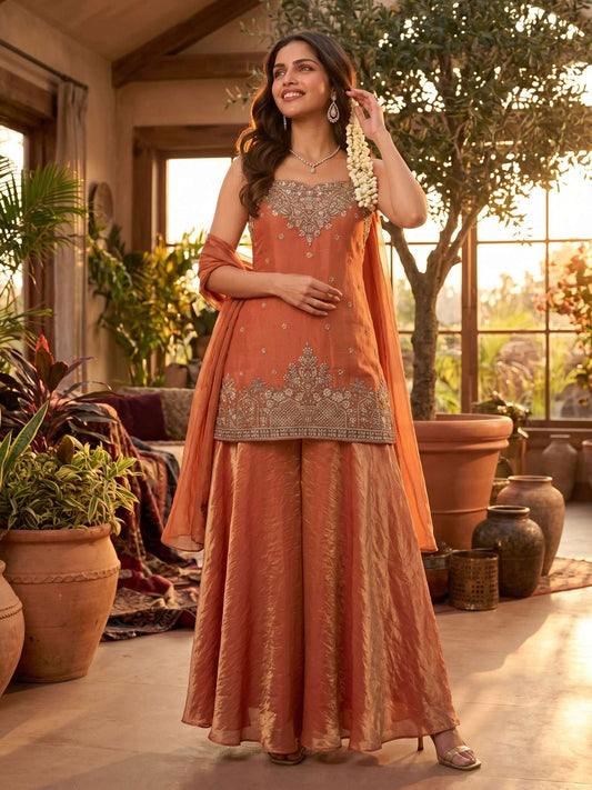 Orange Handwork and Embroidered Indo Western Palazzo Dress