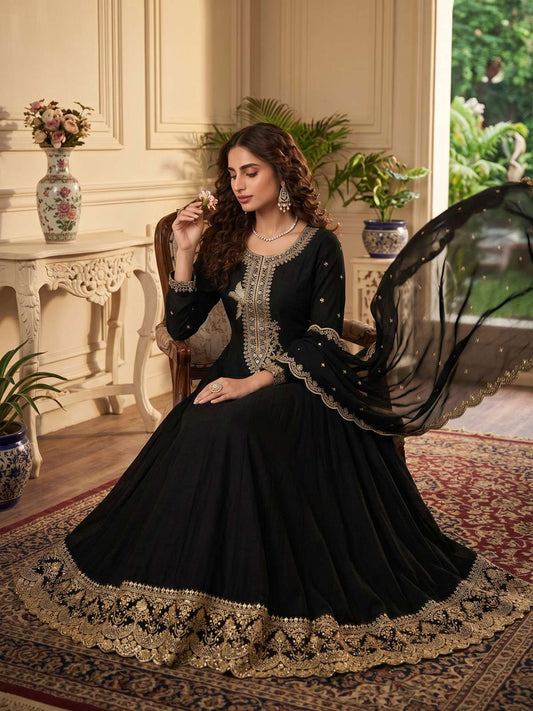 Black Premium Silk Embroidered Anarkali Style Dress