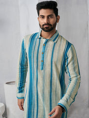 Striped Shirt Collar Pure Cotton Straight Kurta