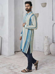 Striped Shirt Collar Pure Cotton Straight Kurta