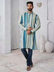 Striped Shirt Collar Pure Cotton Straight Kurta
