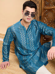 Teal Ethnic Motifs Printed Mandarin Collar A-Line Kurta