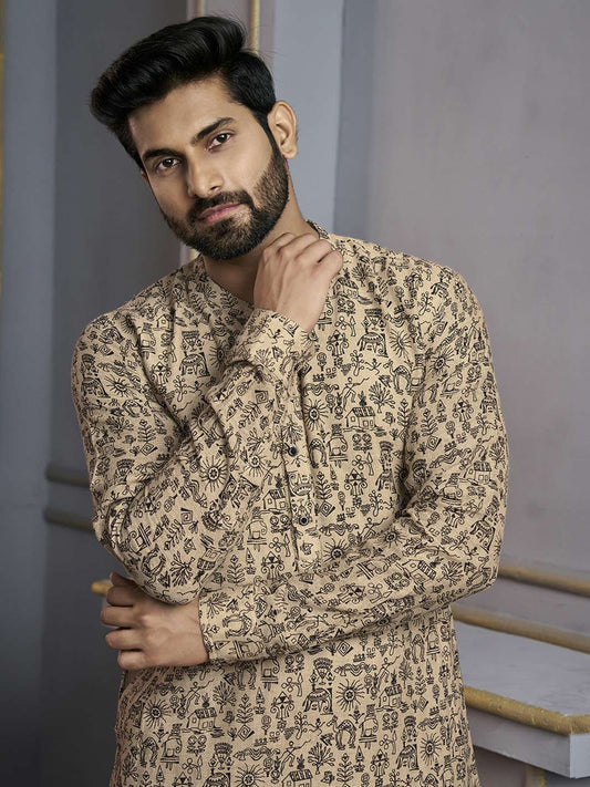 Floral Printed Mandarin Collar Jute Silk Straight Kurta