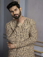 Floral Printed Mandarin Collar Jute Silk Straight Kurta