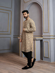 Floral Printed Mandarin Collar Jute Silk Straight Kurta