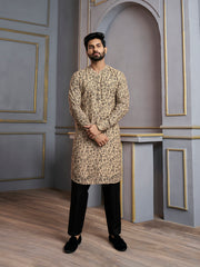 Floral Printed Mandarin Collar Jute Silk Straight Kurta