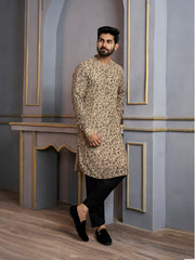 Floral Printed Mandarin Collar Jute Silk Straight Kurta