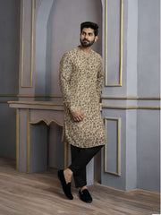 Floral Printed Mandarin Collar Jute Silk Straight Kurta