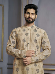 Ethnic Motifs Printed Mandarin Collar Jute Silk Straight Kurta