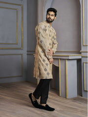 Ethnic Motifs Printed Mandarin Collar Jute Silk Straight Kurta